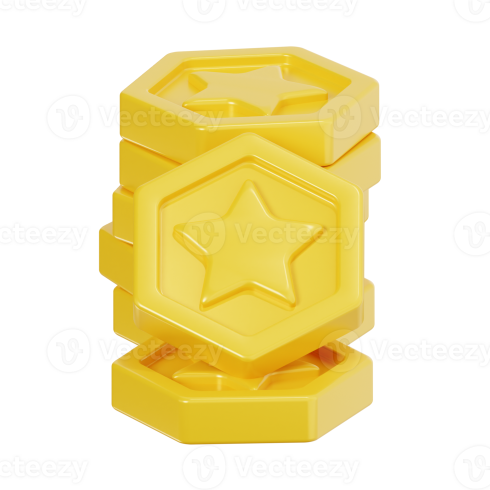 Stack of hexagonal gold coins 3d render png