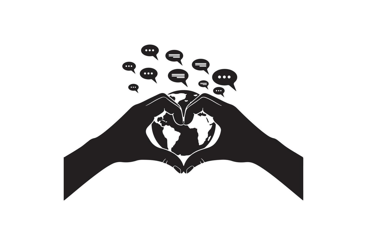 Silhouette of Hands Holding Earth in Heart Shape - Global Connection with Heart Hands Silhouette vector