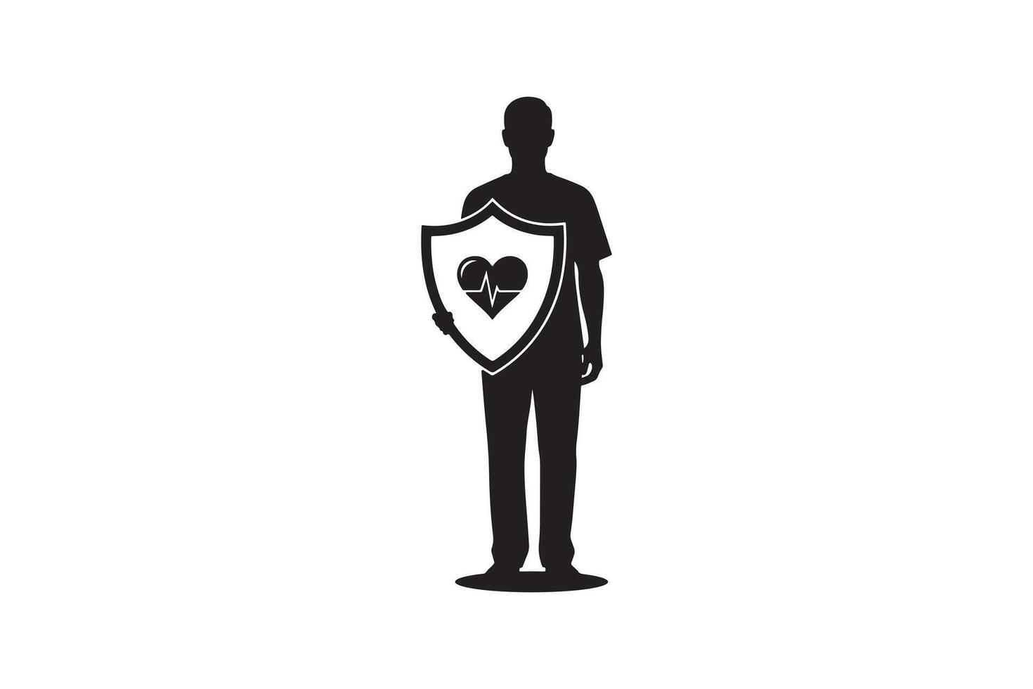 Person With Heart Shield Silhouette - Silhouette of Man with Health Emblem vector