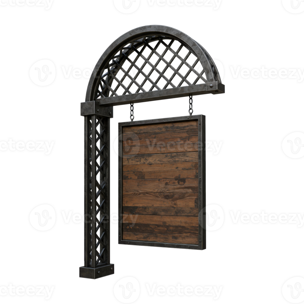 Rustic hanging wooden sign with metal frame and lattice arch, ideal for storefront or pub decor isolated background png