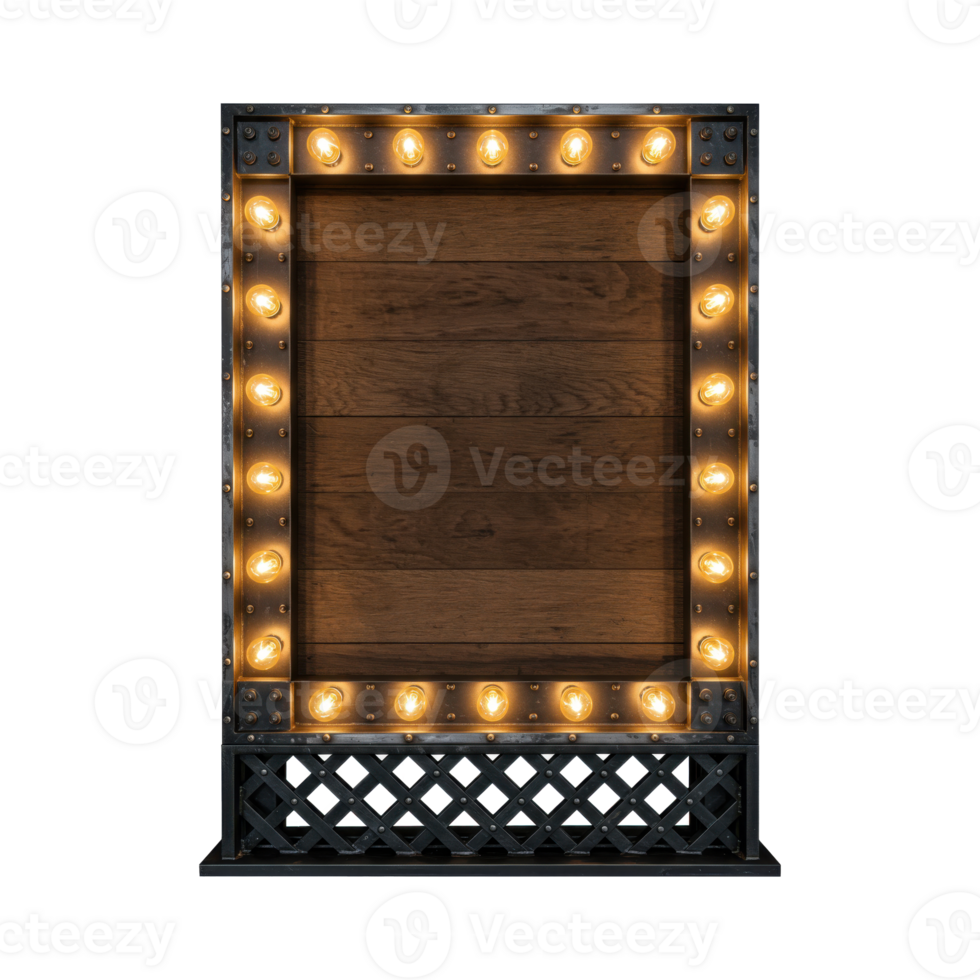 A modern wooden sign surrounded by glowing bulbs, adding a touch of retro elegance to a space isolated background png