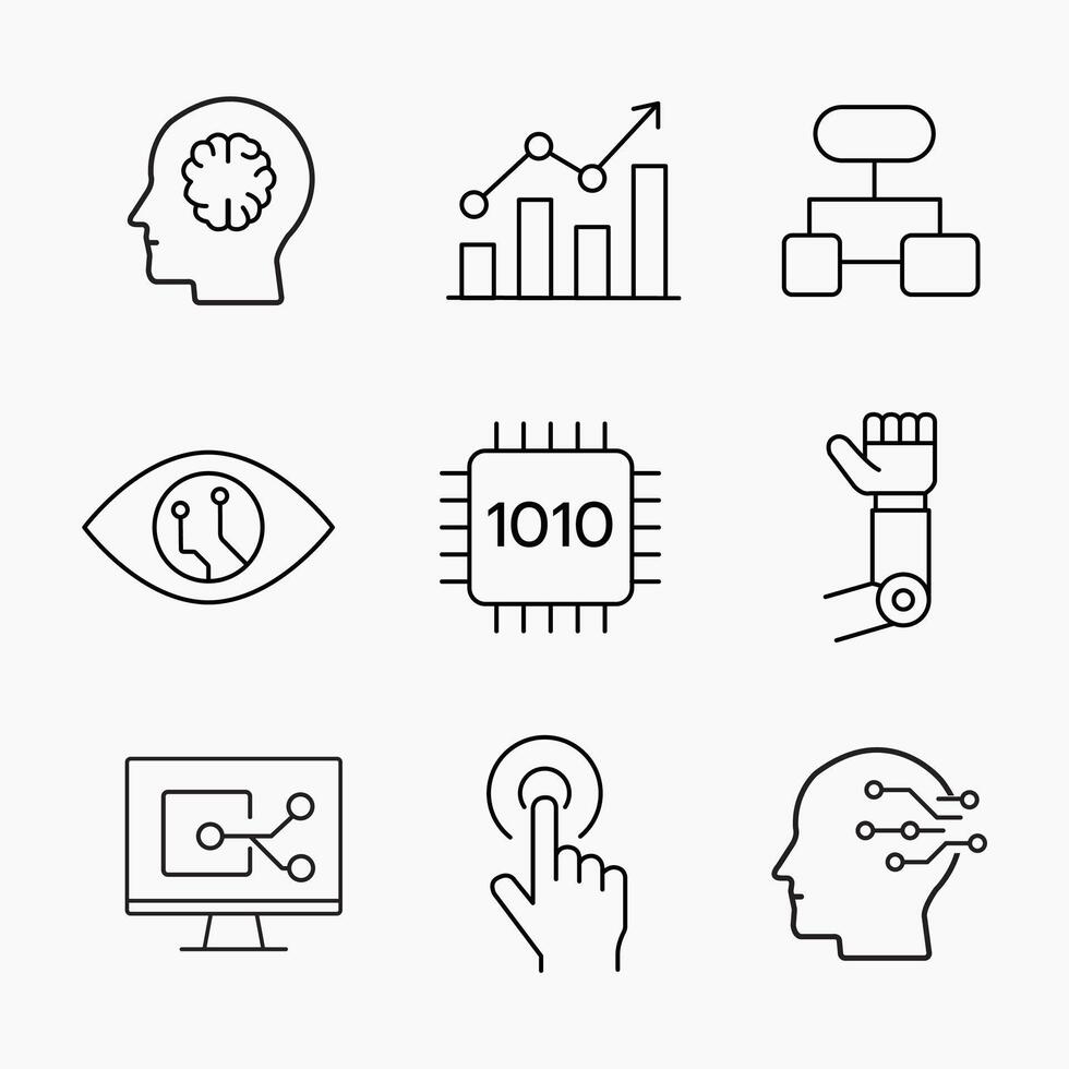 Clean outline icons of artificial intelligence, robotics, automation and digital interfaces, ideal for tech, UI and innovation themed designs vector
