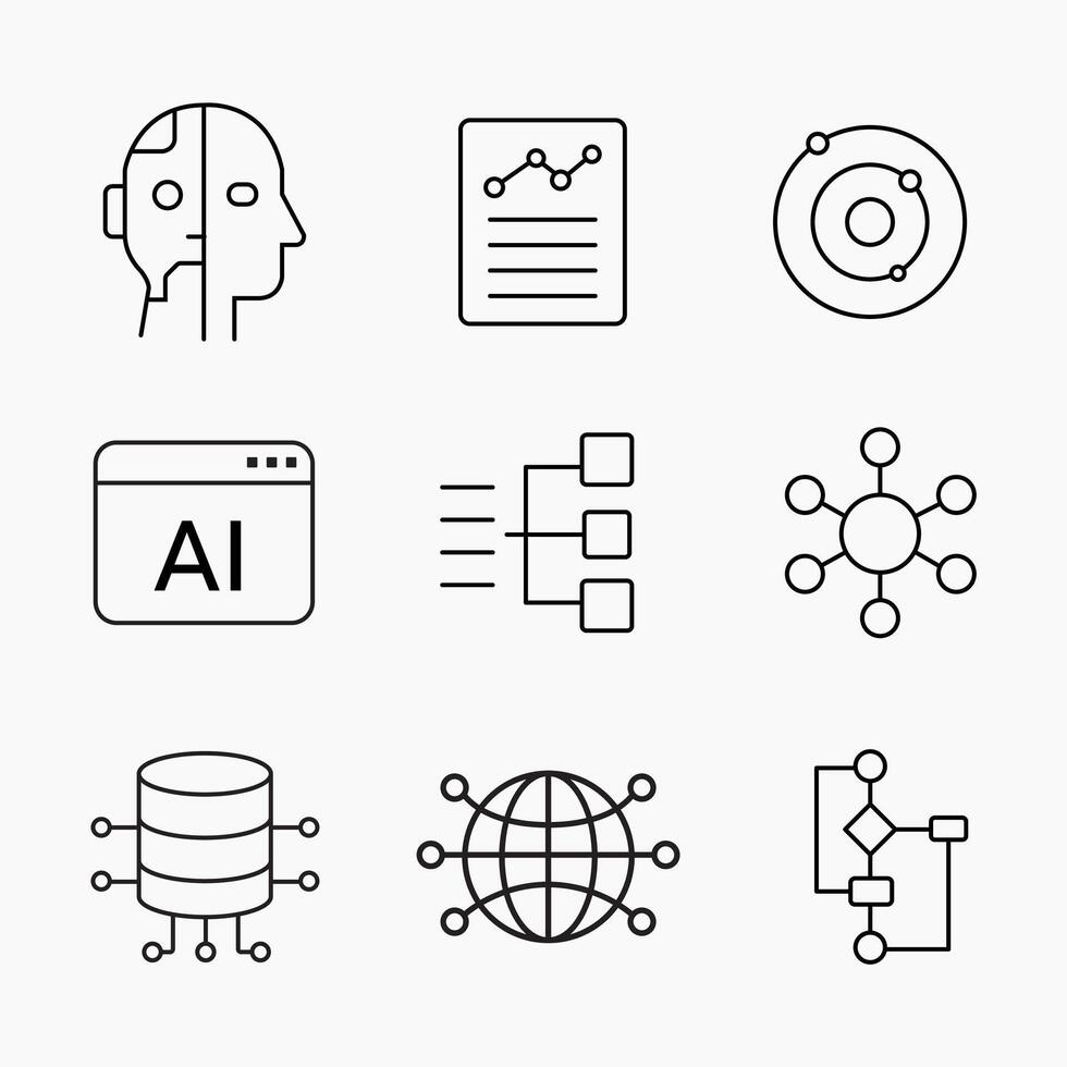 Minimalist outline icons of artificial intelligence, data neural networks and digital systems, perfect for tech and innovation projects vector