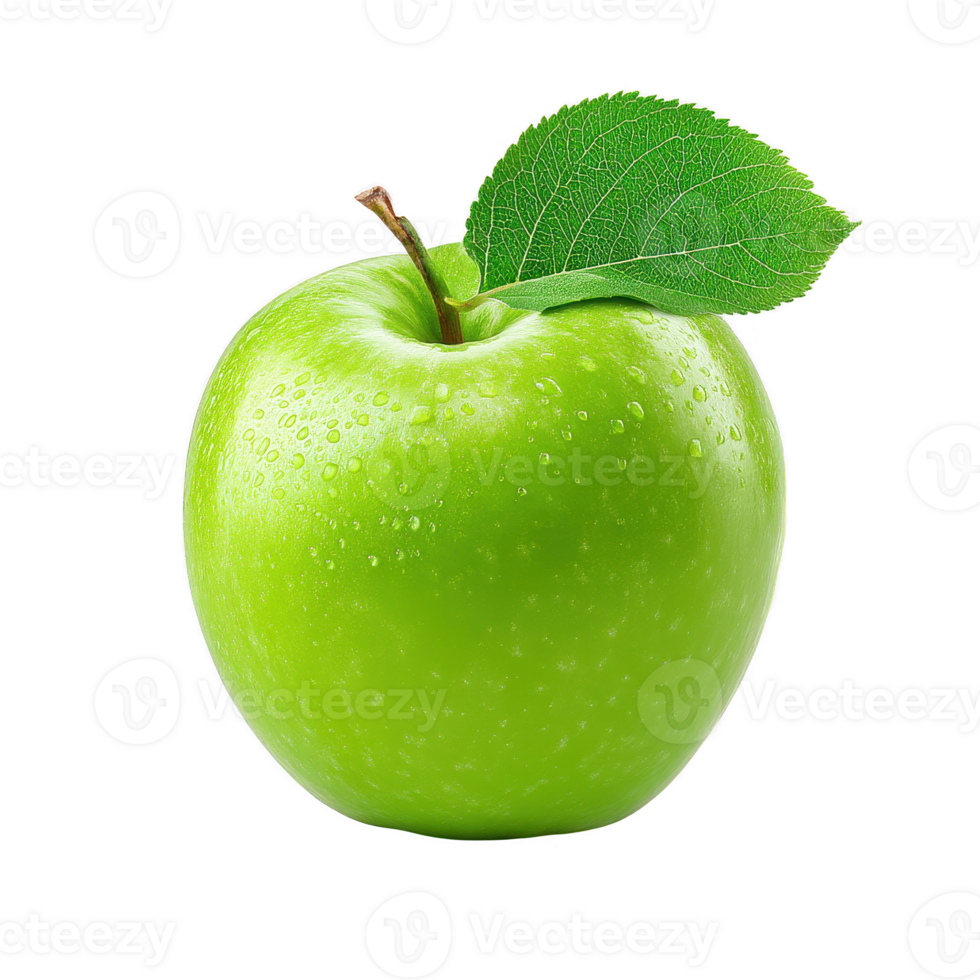Green apple with water droplets and fresh leaf on transparency background, fresh and juicy fruit with natural texture and vibrant color png