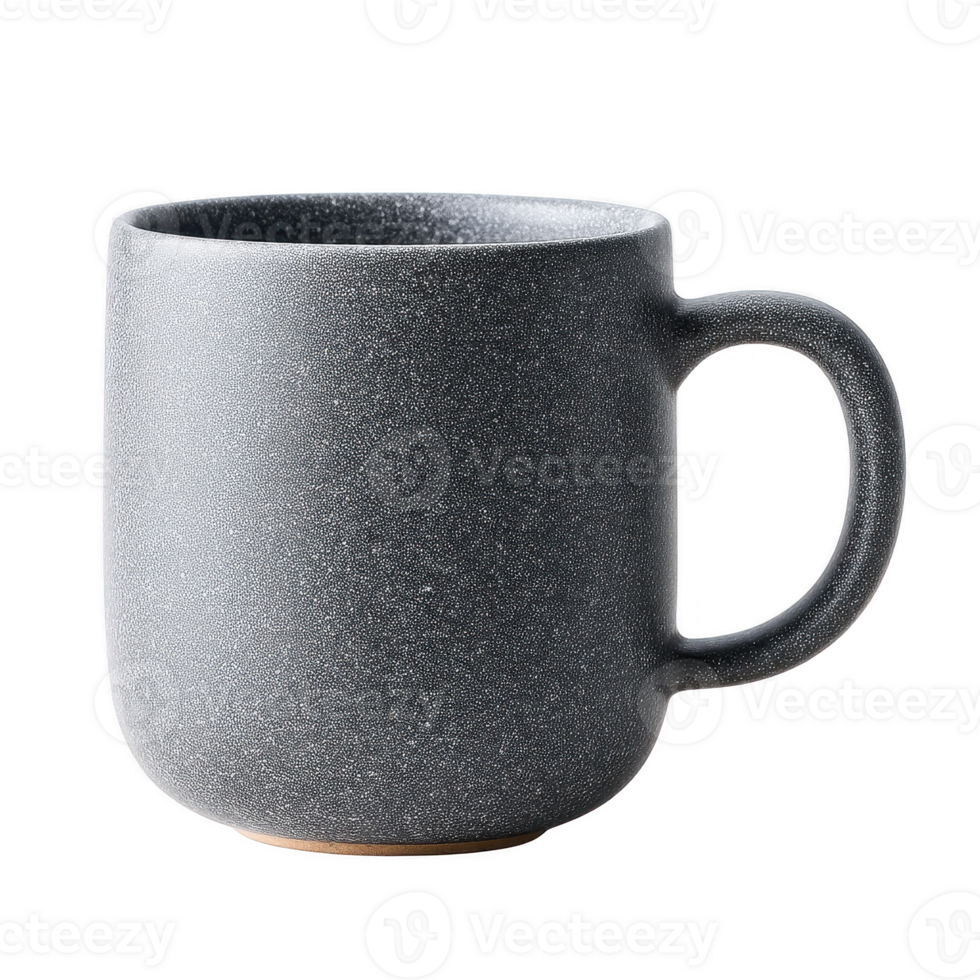 Gray ceramic mug with handle and textured surface for hot beverage drinking png