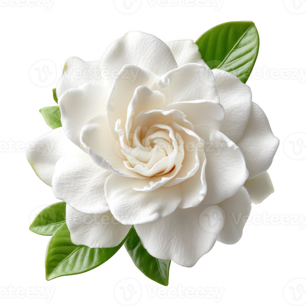 White gardenia flower with glossy green leaves, showing delicate petals and natural texture in bright lighting png