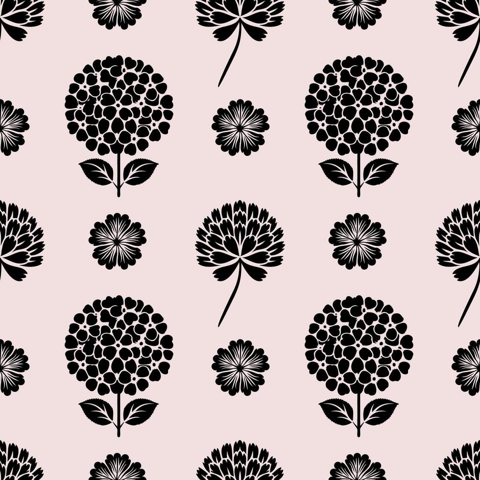 Seamless pattern featuring floral and folk art elements with silhouettes in a nordic style for decoration and illustration vector