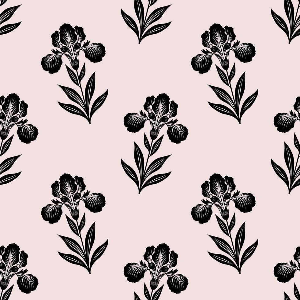 Seamless pattern featuring floral folk art with black iris silhouettes on a beige background for elegant decoration and design use vector