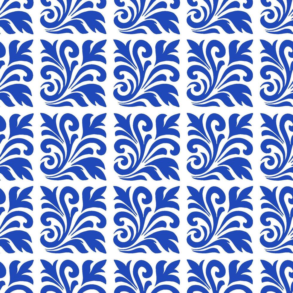 Seamless floral pattern in folk art style featuring traditional blue and white design with leaf motifs and symmetrical reflections vector