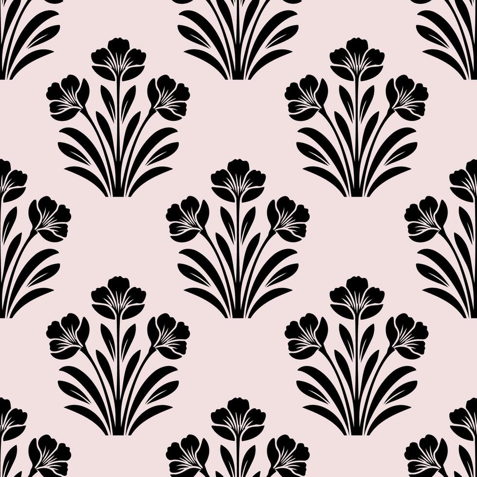 Seamless pattern featuring floral folk art design with symmetrical silhouettes and decorative elements for a nordic inspiration vector