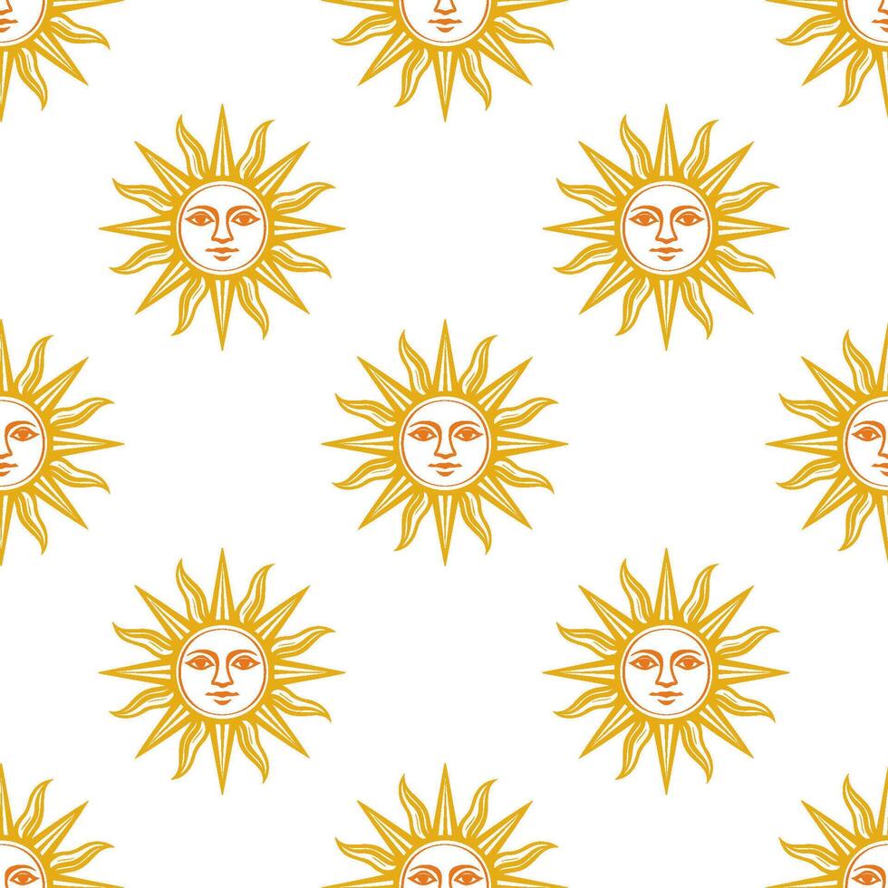 Seamless pattern featuring sun motifs with detailed faces in golden hues on a white background for a bright and cheerful design vector