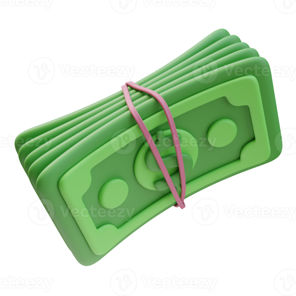 3D Render Icon Green Money Banknote Stack Bundle Tied With Rubber Band Dollar Sign. Money Finance Concept. 3D Illustration Design for Website or Mobile App png