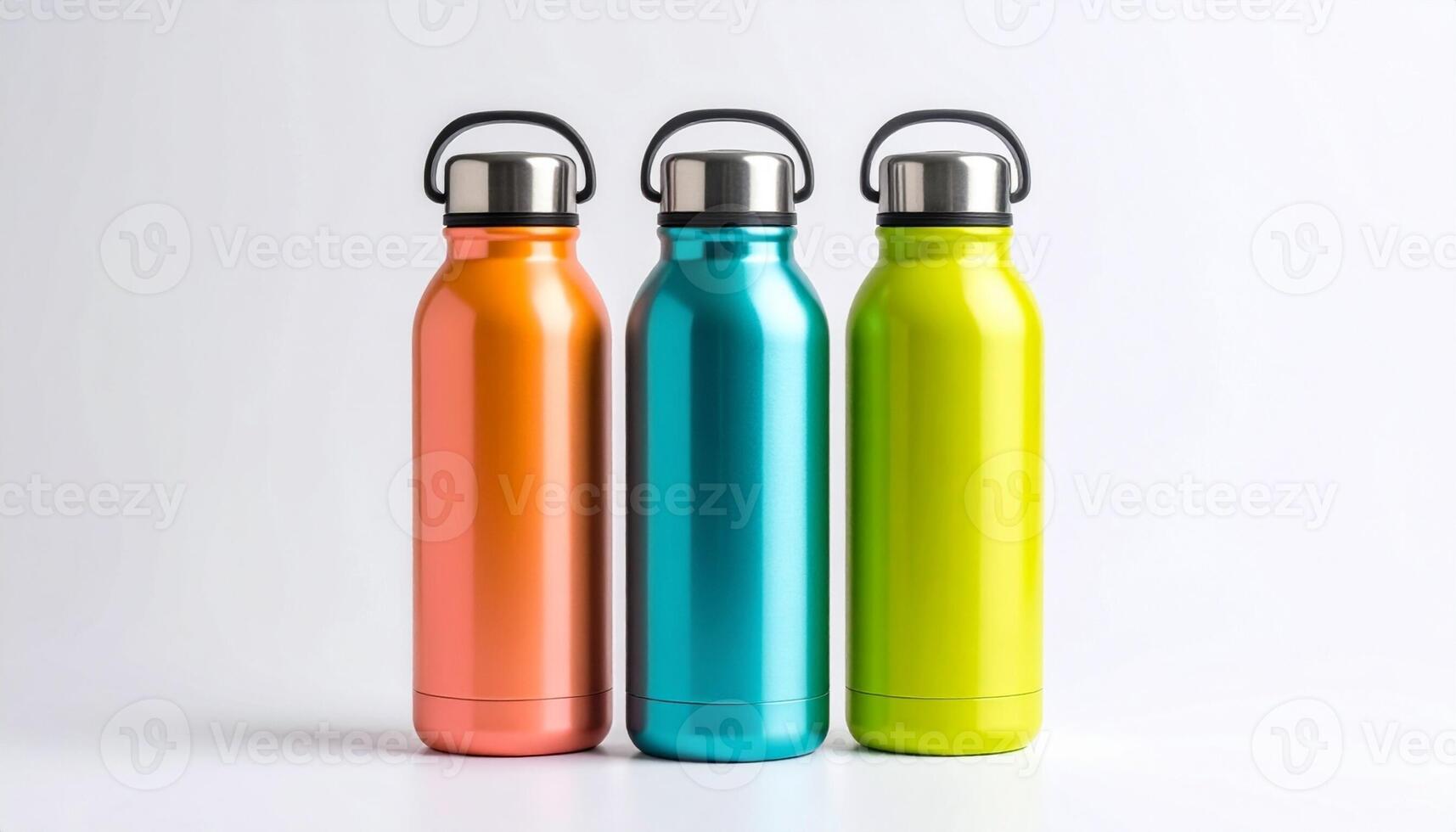 Neon Colored Reusable Water Bottles Arranged on Diagonal Stack photo