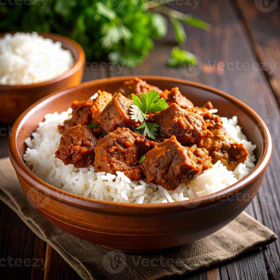 Rustic Clay Bowl of Beef Rendang with White Rice Full Frame photo