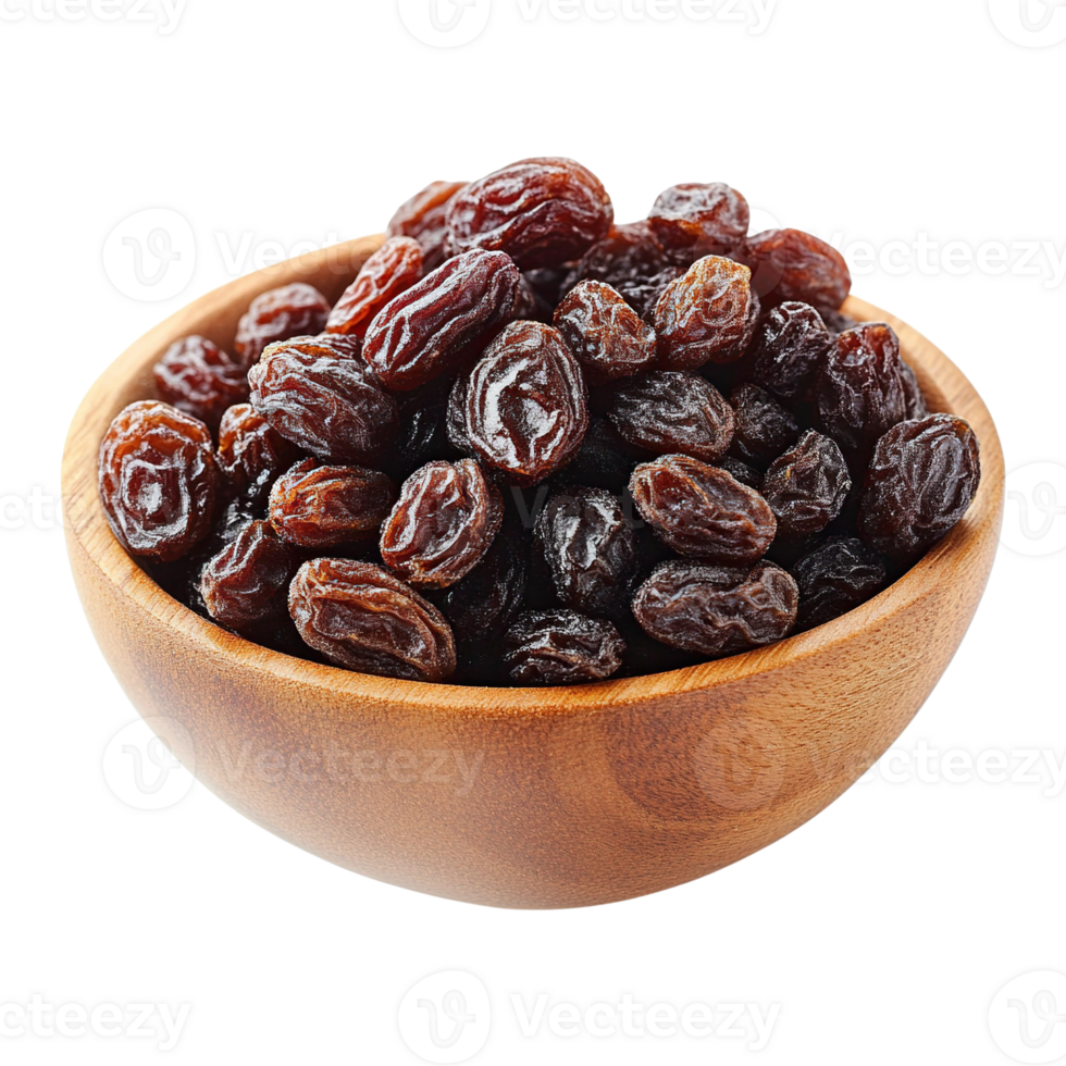 Wooden Bowl of Plump Dark Raisins png