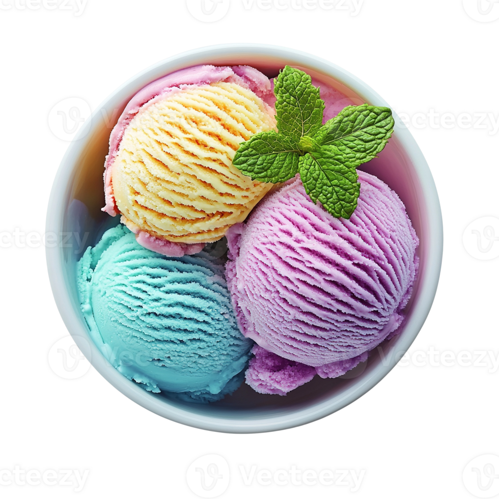 Colorful Ice Cream Scoops with Mint Garnish png