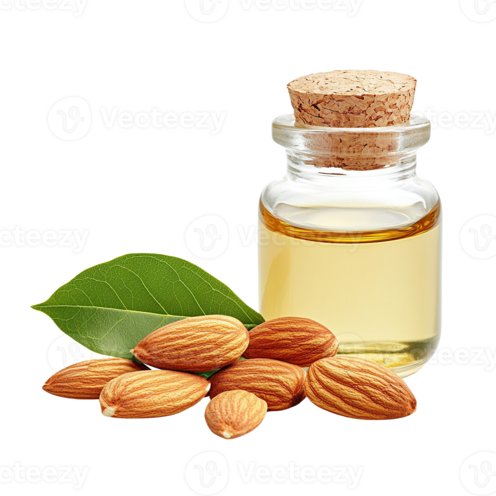Almond Oil in Glass Bottle with Raw Almonds and Leaves png