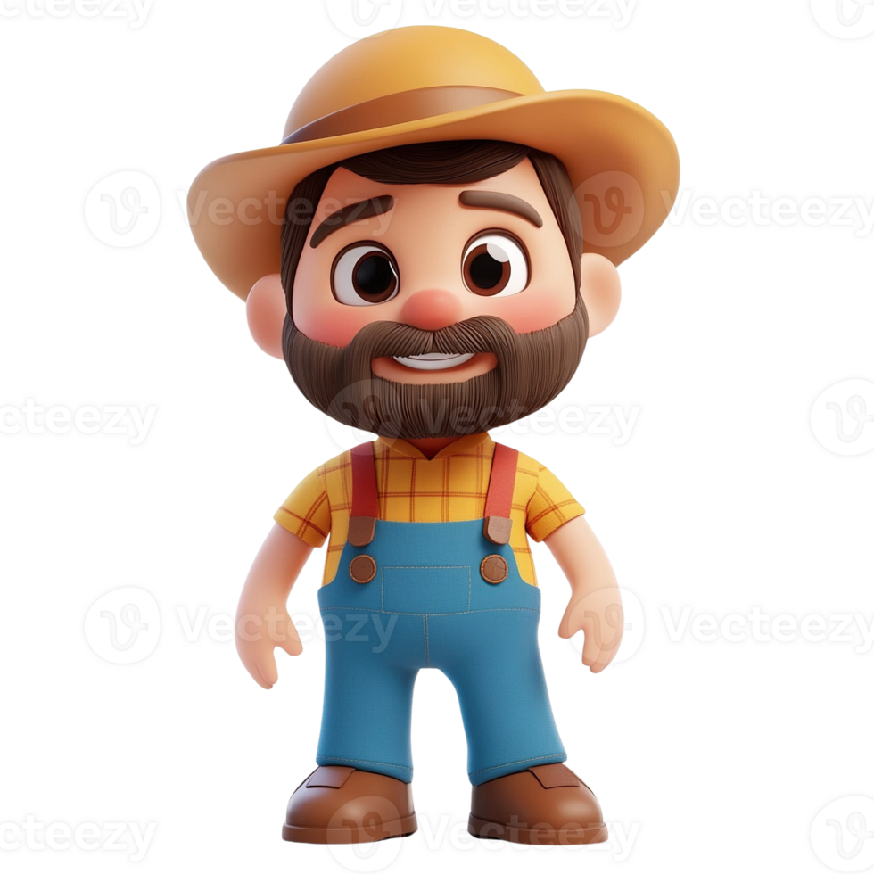 3D Cartoon Farmer Character with Beard png