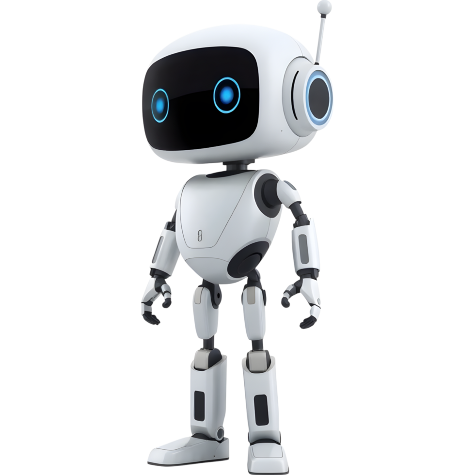 White and Gray Robot Character with Blue Eyes png