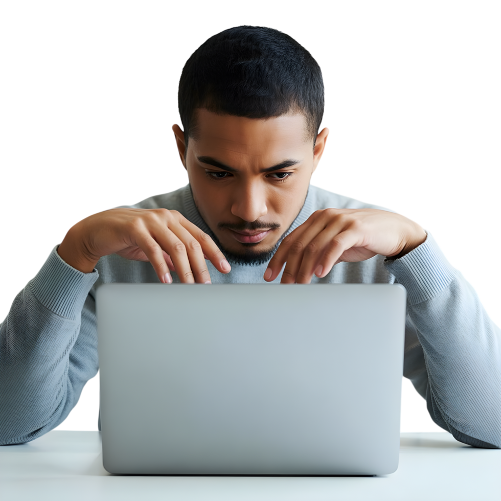 Person working on laptop wearing grey hoodie png