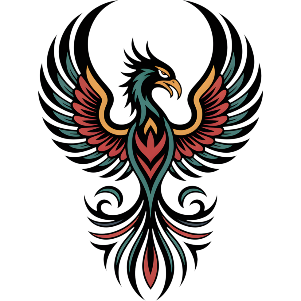 Stylized phoenix with outstretched wings designed in tattoo art style png