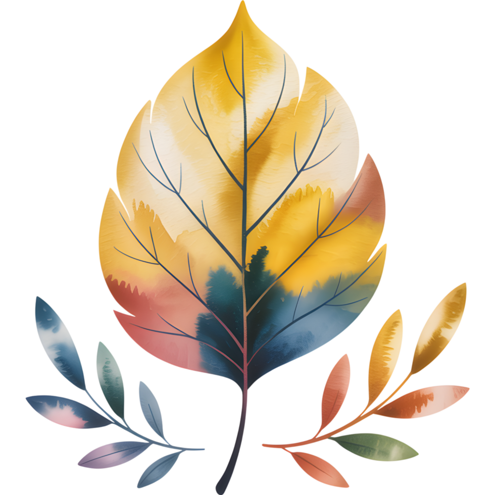 Single leaf design with watercolor effect displaying autumnal colors png