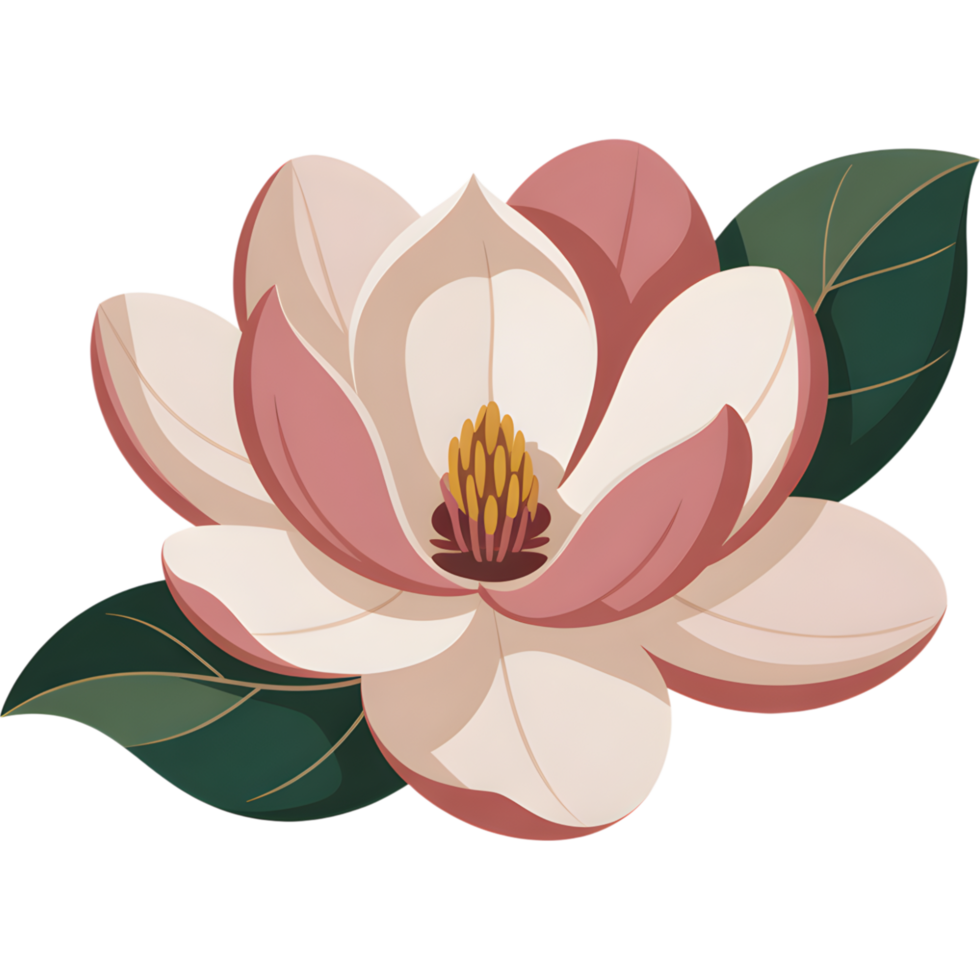 Light pink magnolia blossom with green leaves png