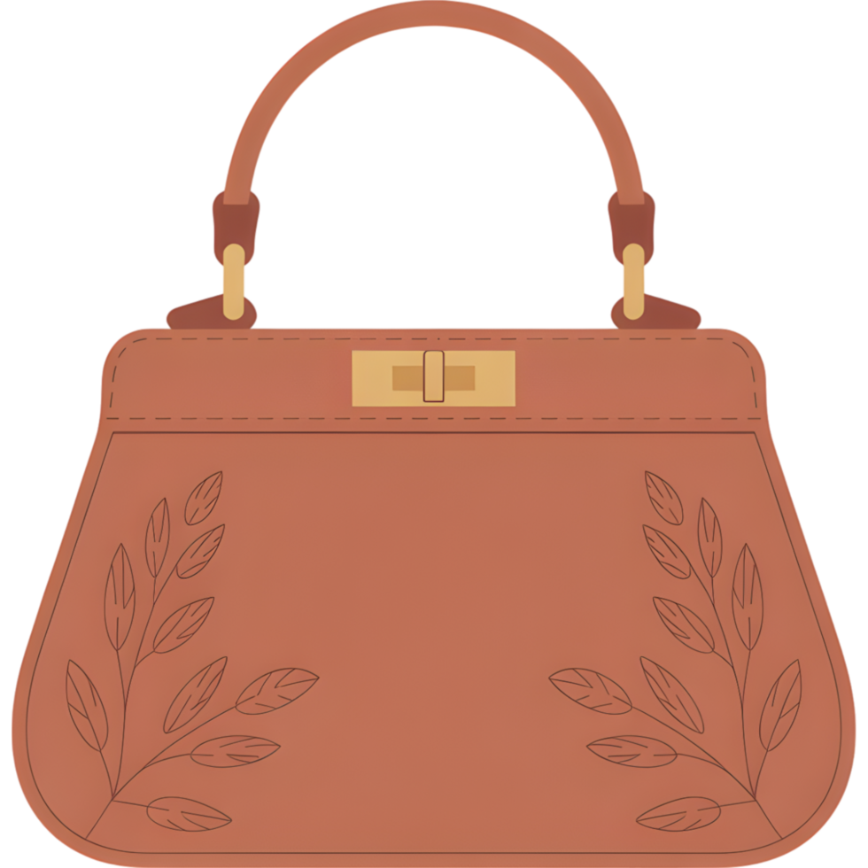 Brown handbag with clasp and leaf like embossing png
