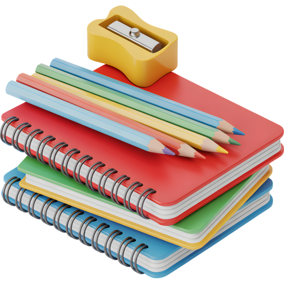Stack of notebooks and colored pencils png