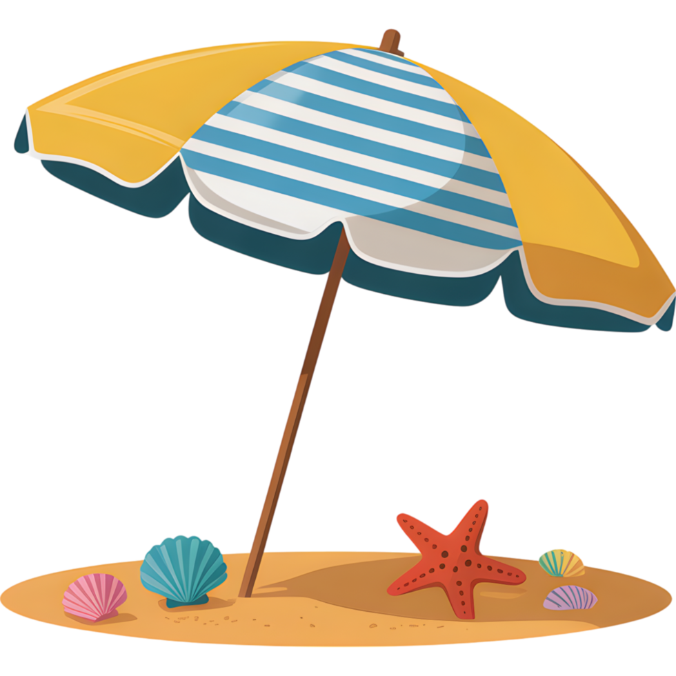 Beach umbrella on sandy beach with seashells and starfish png