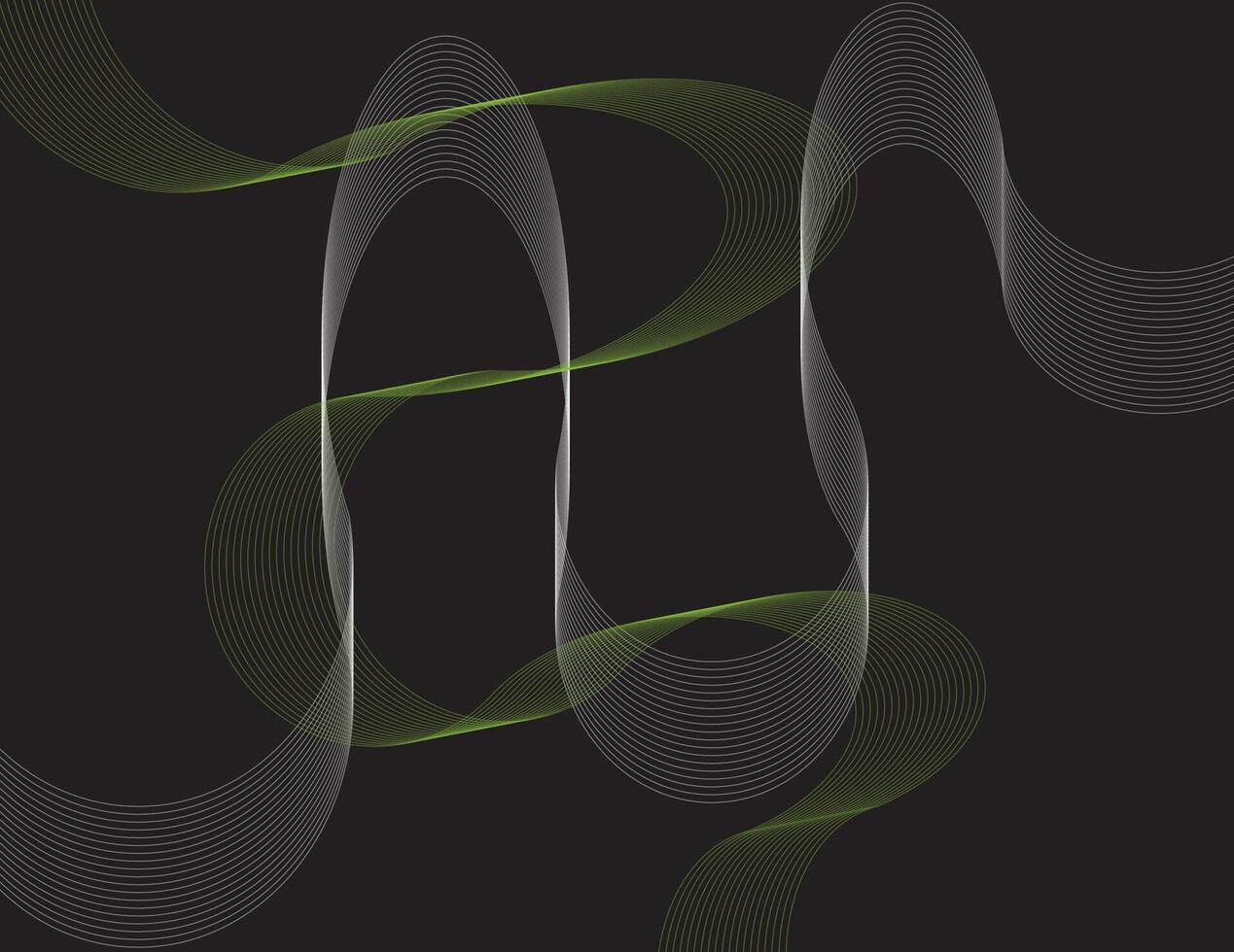Abstract digital pattern of green and white curved lines on black background vector