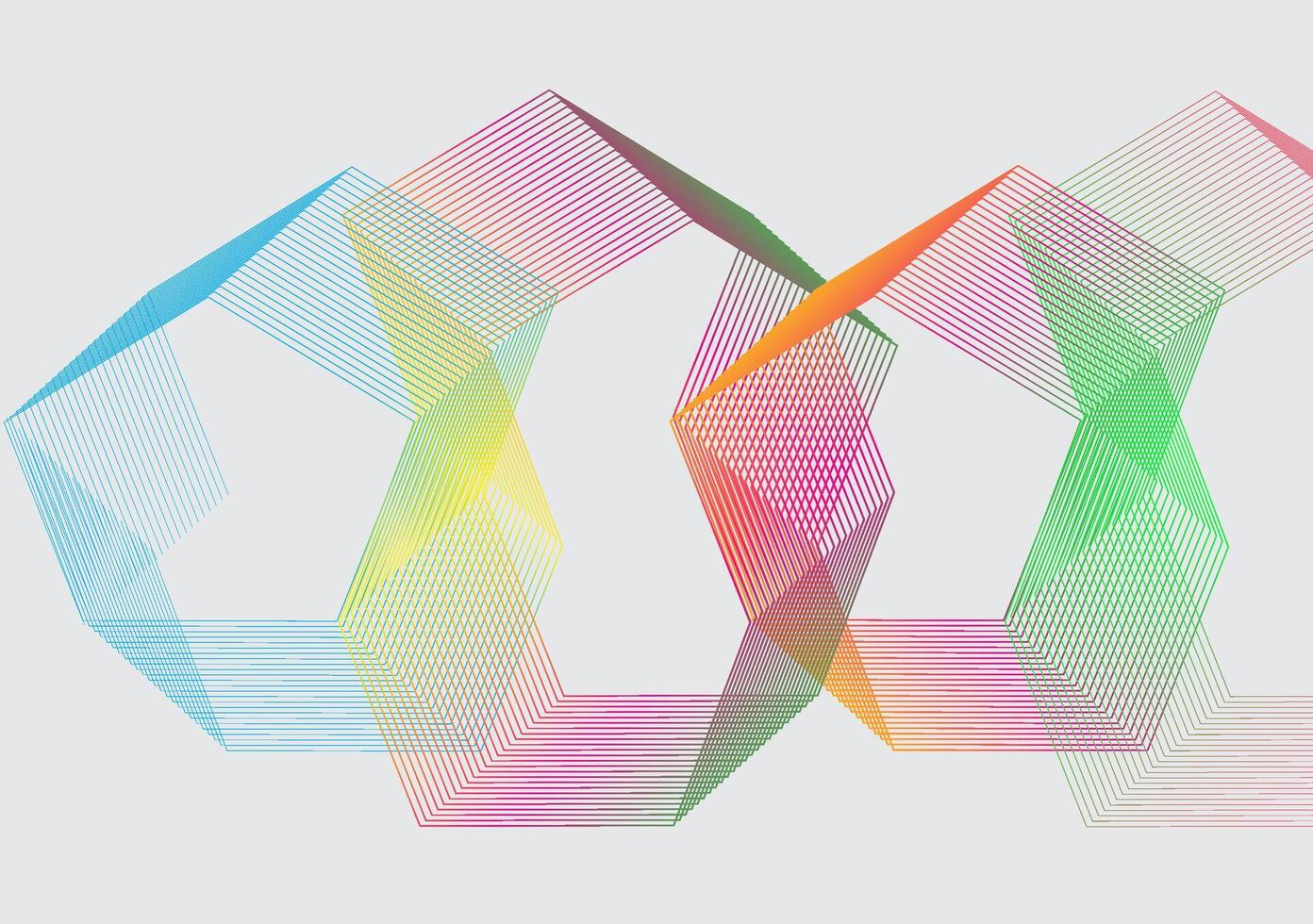 Colorful hexagonal pattern image of thin intersecting lines, forming a dynamic and symmetrical effect on a light gray background vector