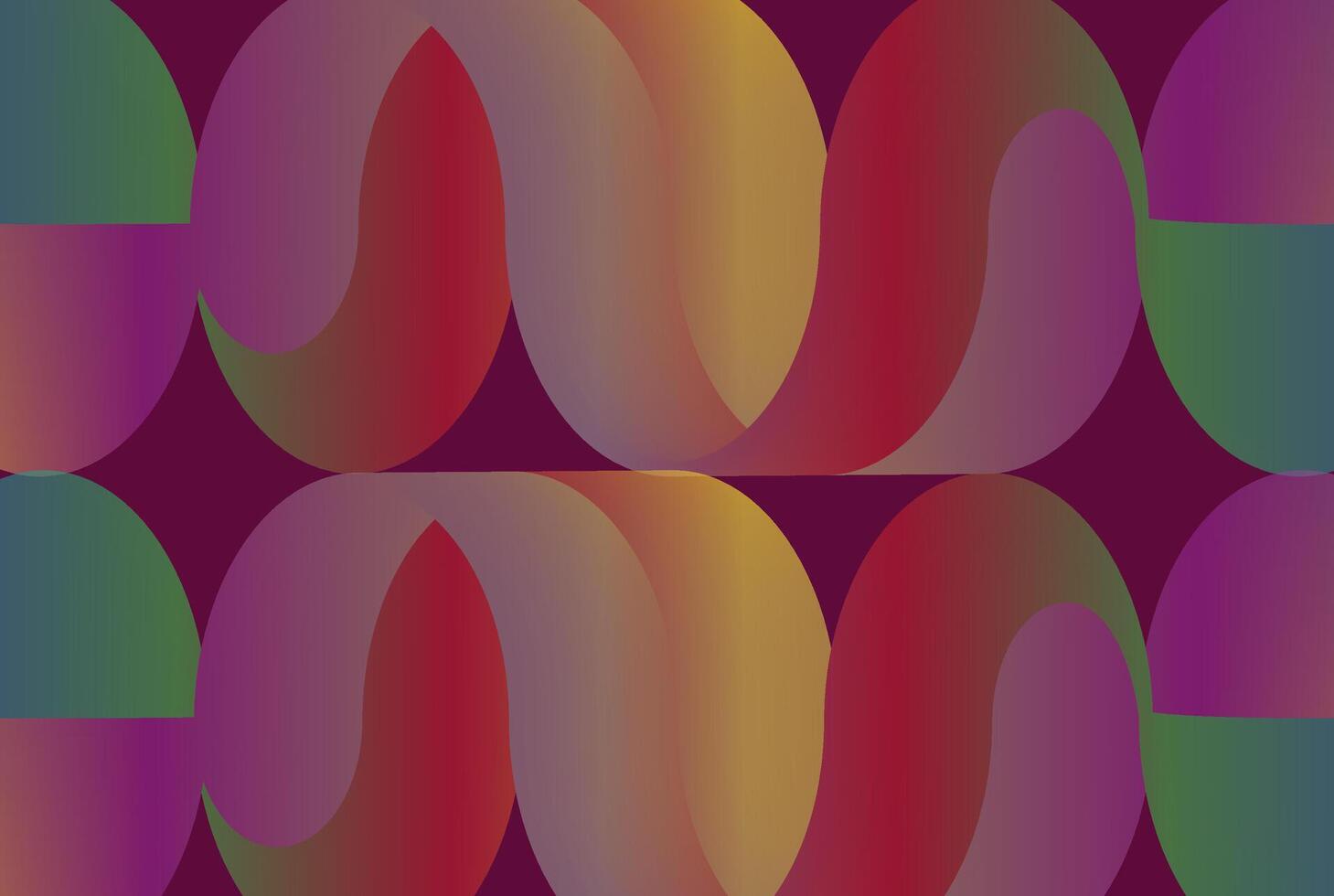 Colorful curved geometric patterns with gradations of red, yellow, purple and green on a dark purple background, forming a symmetrical and rhythmic composition vector