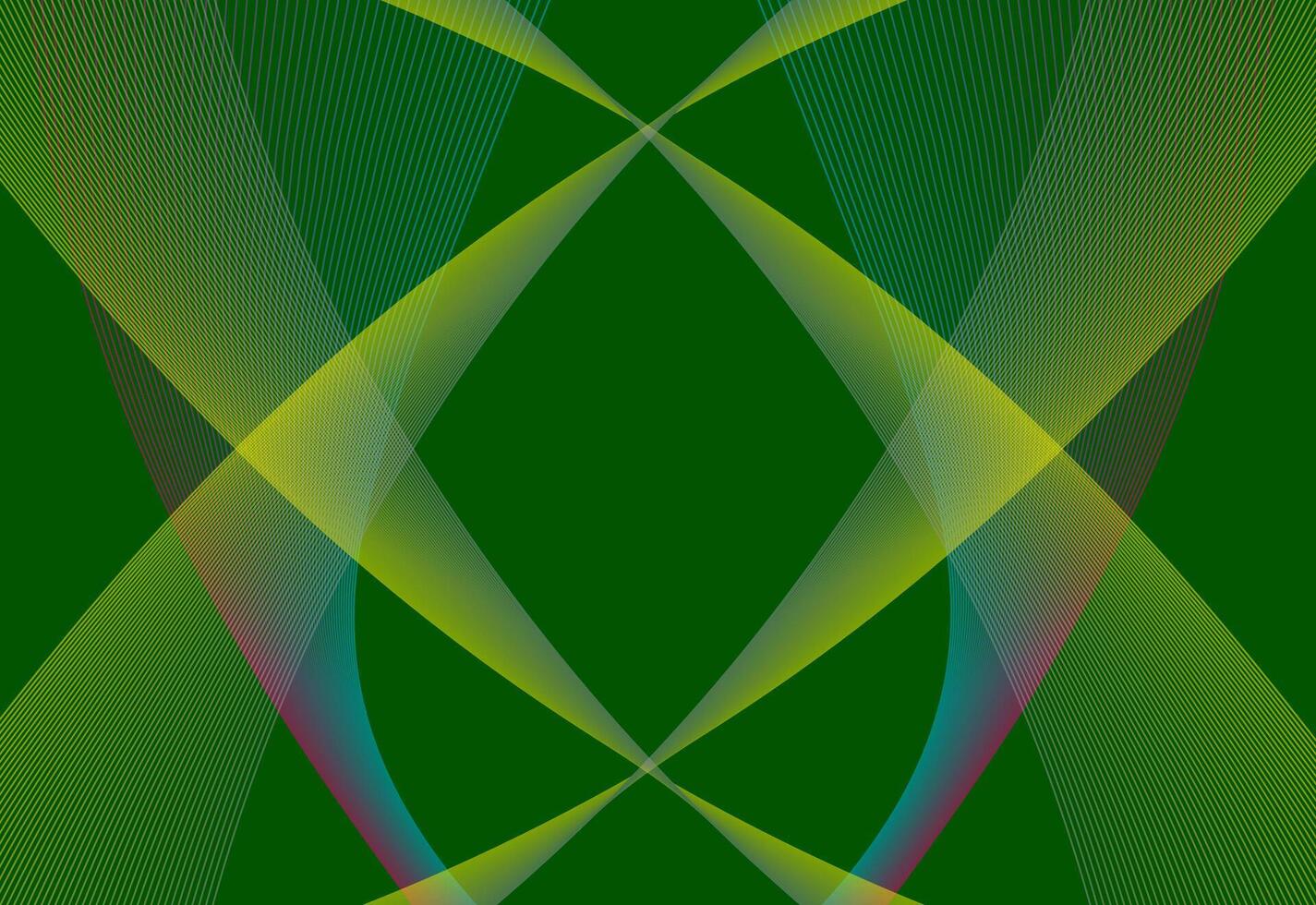 Symmetrical curved lines in yellow, blue and red on a green background, creating a dynamic and harmonious visual effect vector