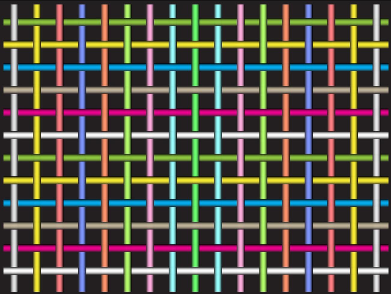 A colorful woven pattern composed of horizontal and vertical lines forming a symmetrical grid on a black background vector