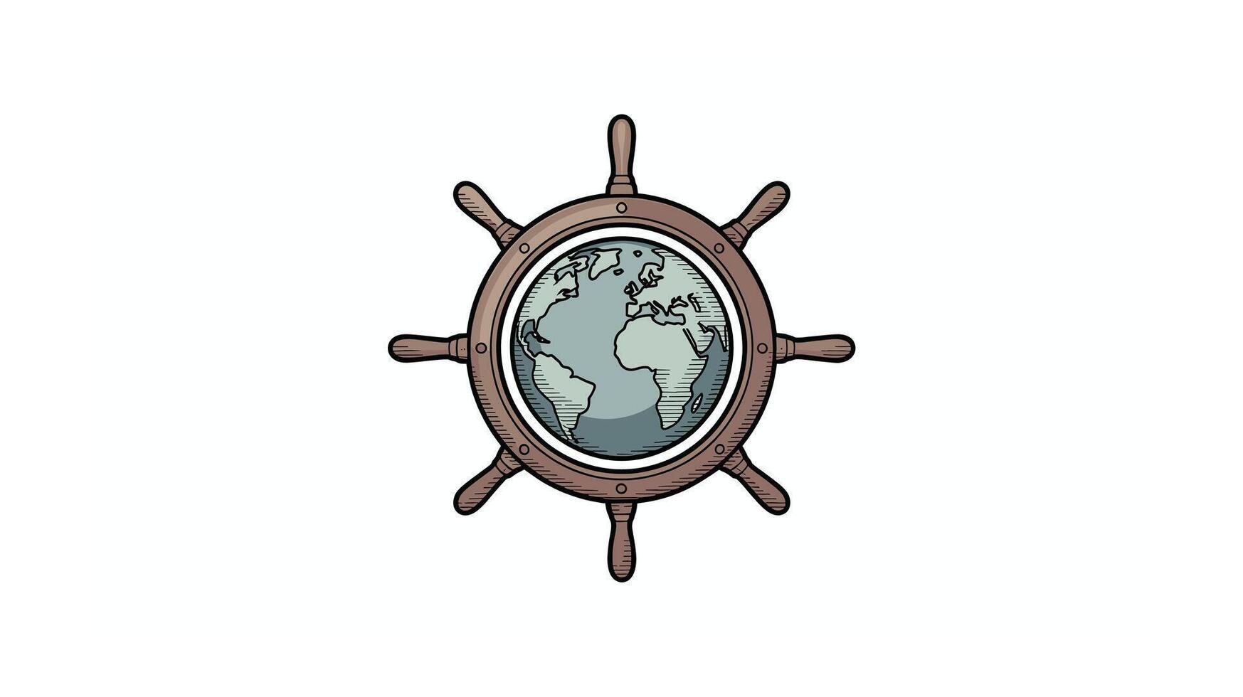 Global navigation earth inside ship s wheel vector