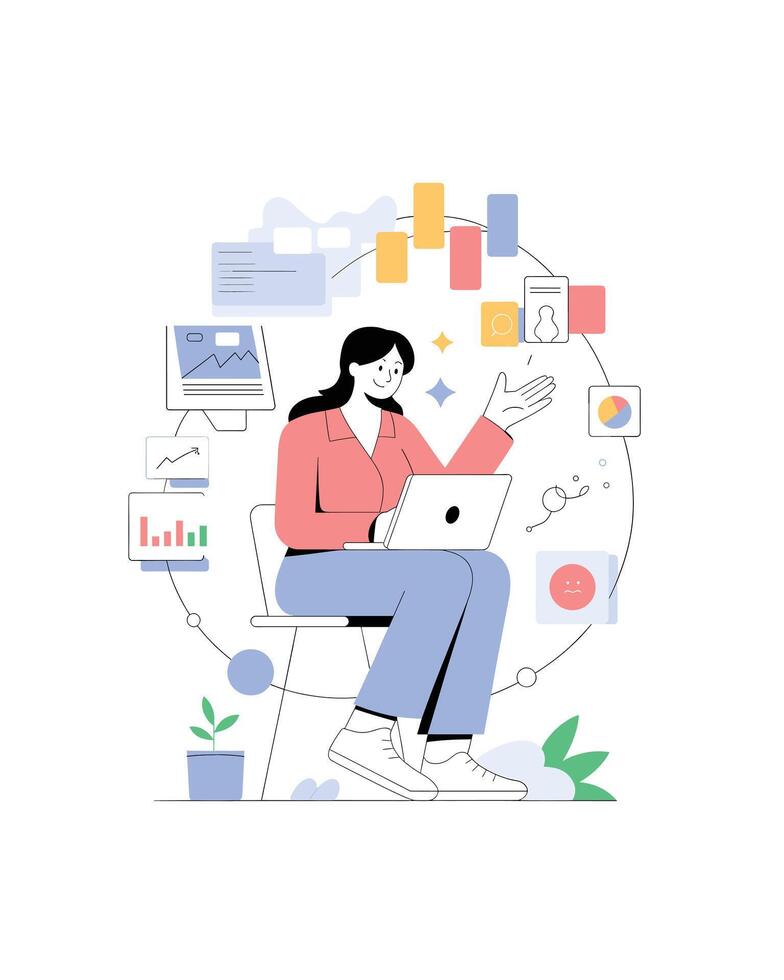 Woman analyzing data with laptop and charts vector