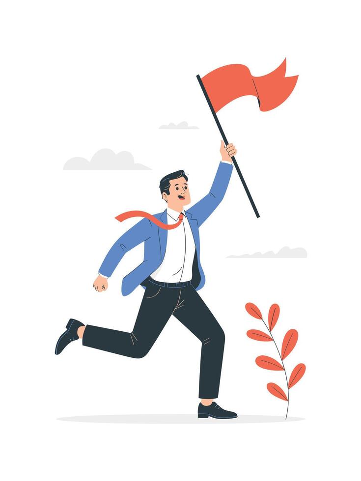 Businessman running towards success with red flag vector