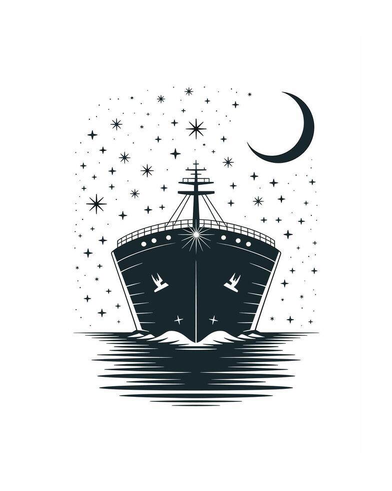 Midnight cargo ship under starlit sky vector