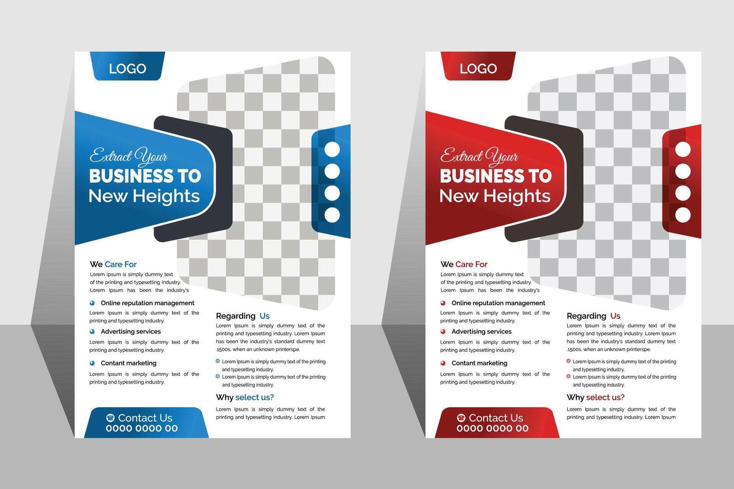 A business flyer with two versions, one blue, one red, ready for content, embodying professionalism and promoting opportunities. vector