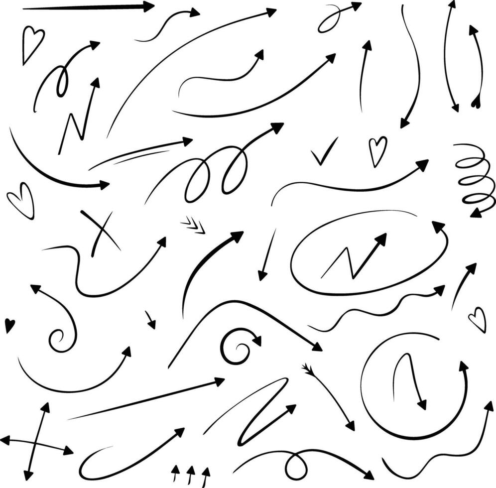 set icons of abstract curved thin arrows. Hand drawn rounded and curved grunge pointers. Isolated ink, fine lines, elements for design. vector