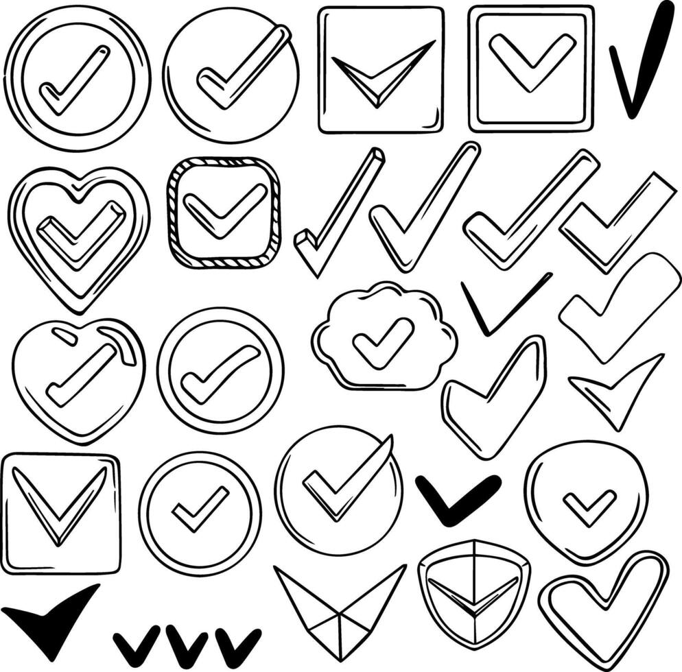 set icons of abstract check mark. Hand drawn rounded and curved grunge pointers. Isolated ink, fine drawn lines, elements for design. vector