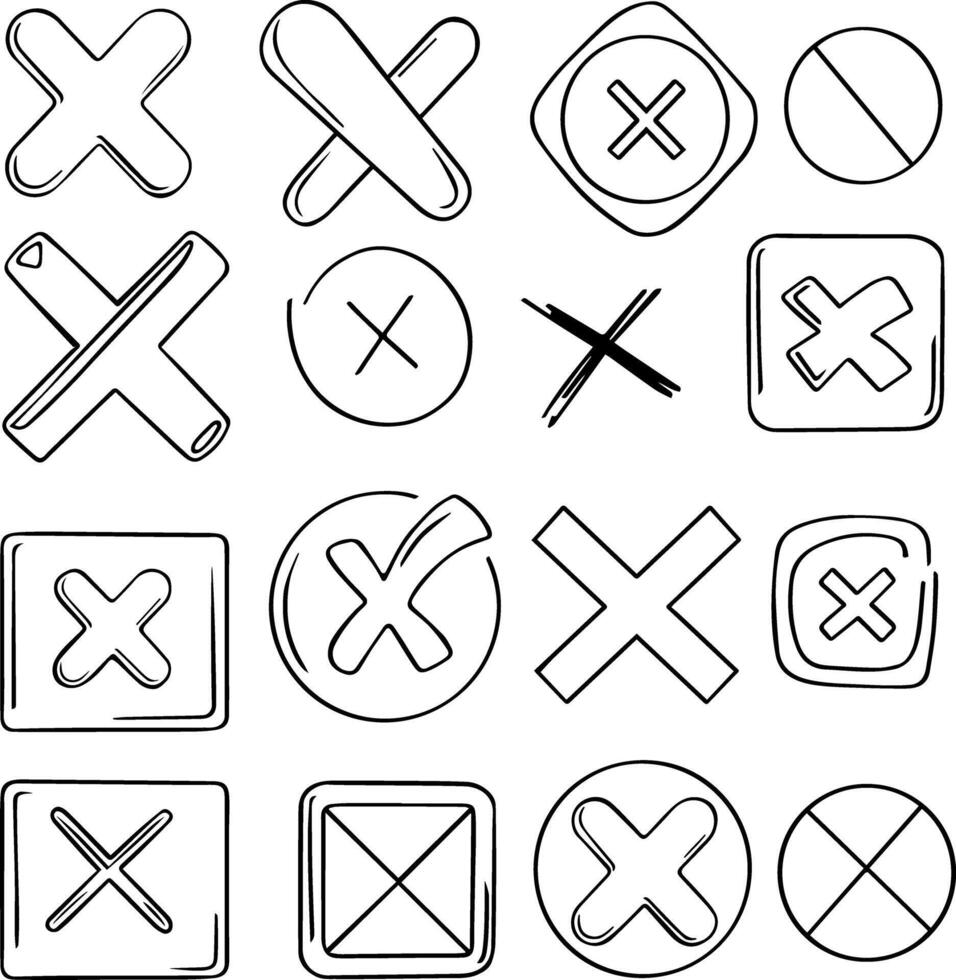 set icons of abstract cross mark. Hand drawn rounded and curved grunge pointers. Isolated ink, fine drawn lines, elements for design. vector