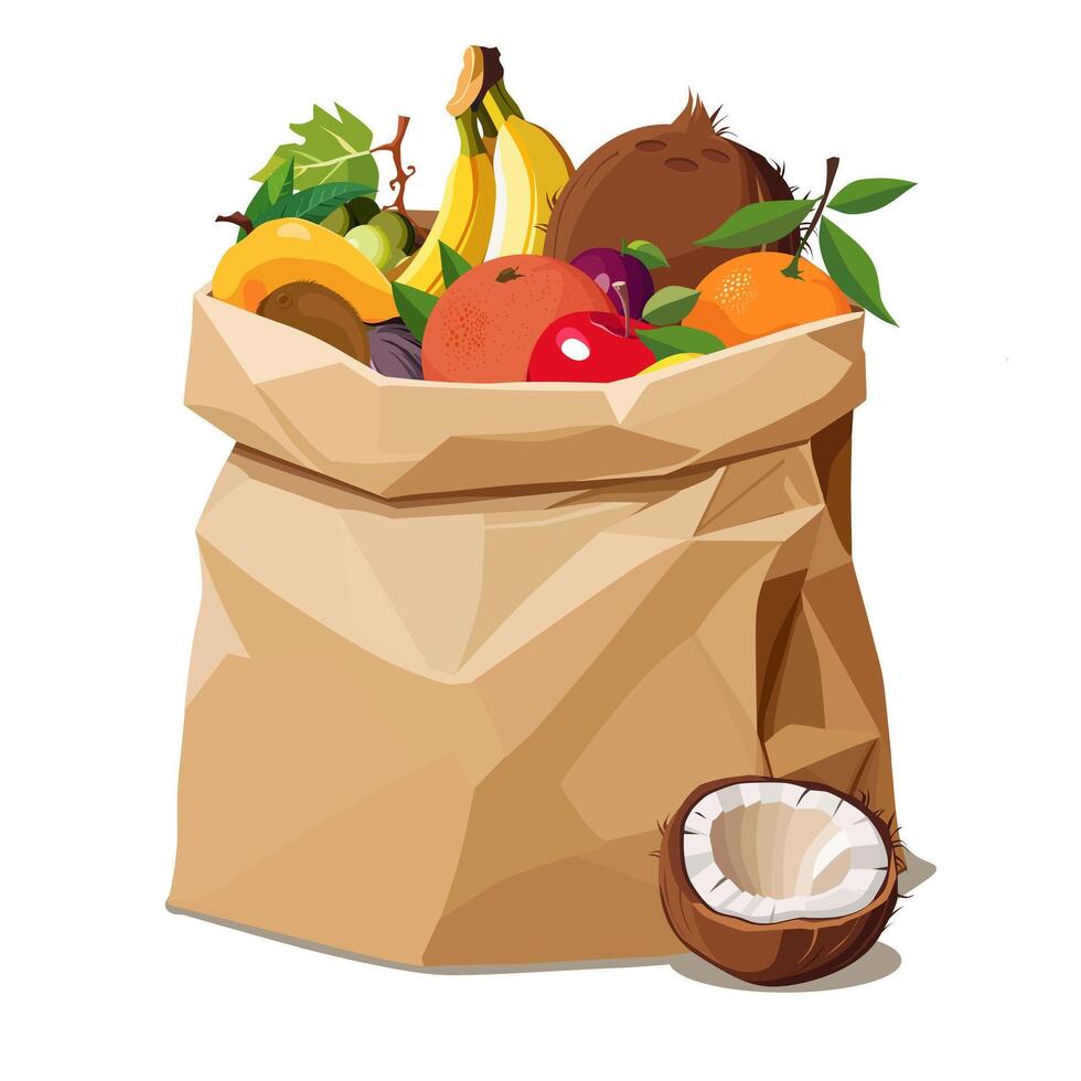 Paper bag full of healthy and juicy fruits isolated on white background. fruit illustration in flat style. Summer clipart for diet design, healthy lifestyle, nutrition vector