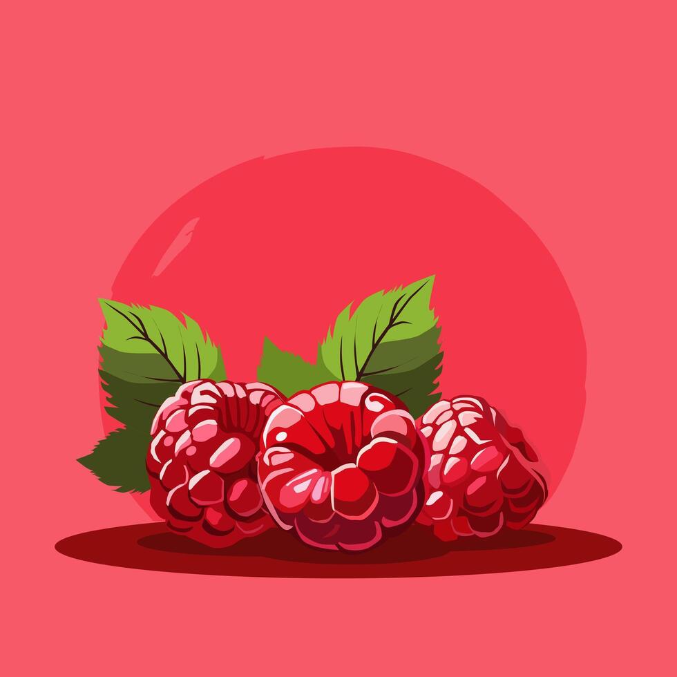 Handful of red juicy and healthy raspberries with green leaf isolated on bright colorful background. fruit illustration flat style. Summer clipart for diet design, healthy lifestyle, nutrition vector