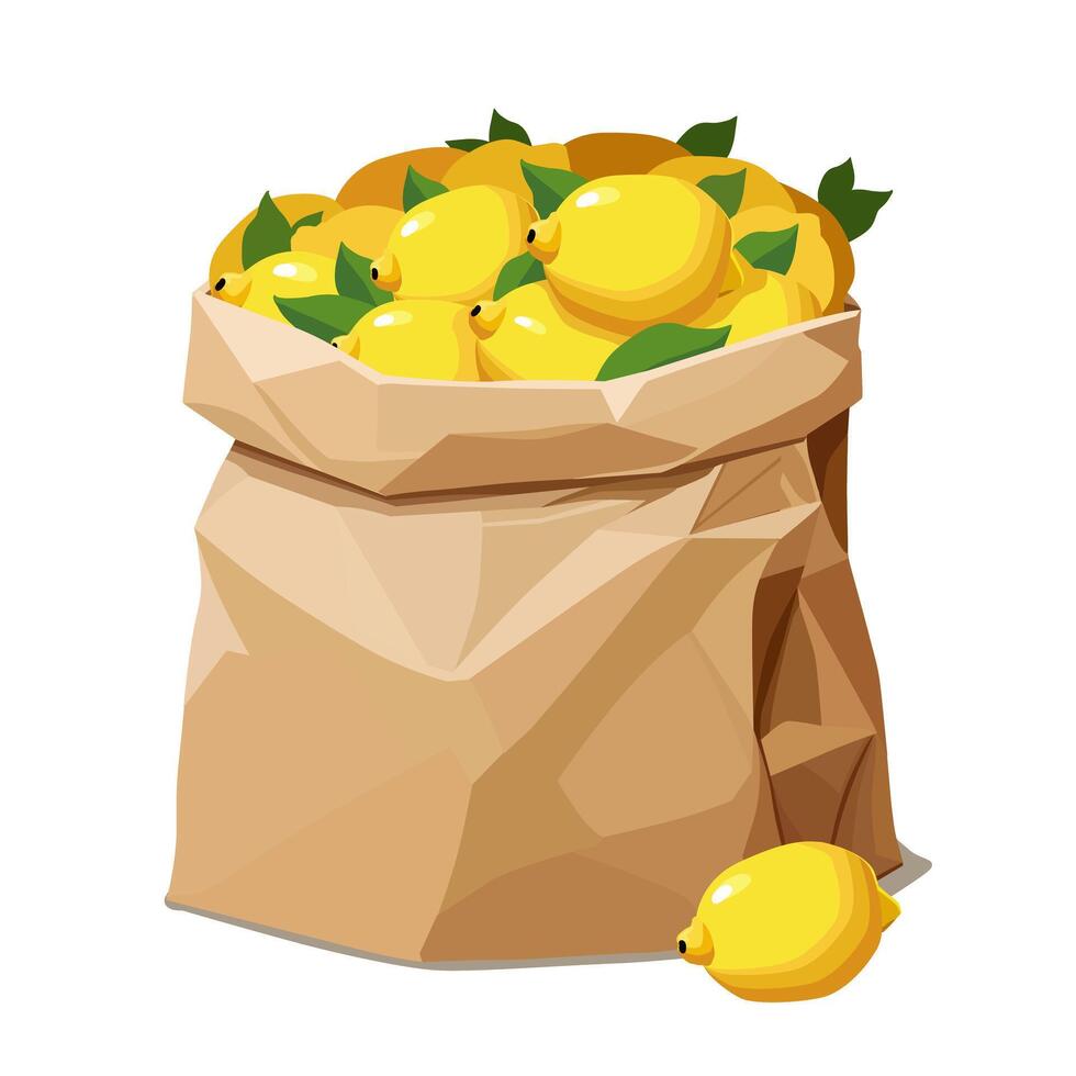 Paper bag full of juicy yellow lemons isolated on white background. fruit illustration in flat style. Summer clipart for diet design, healthy lifestyle, nutrition vector