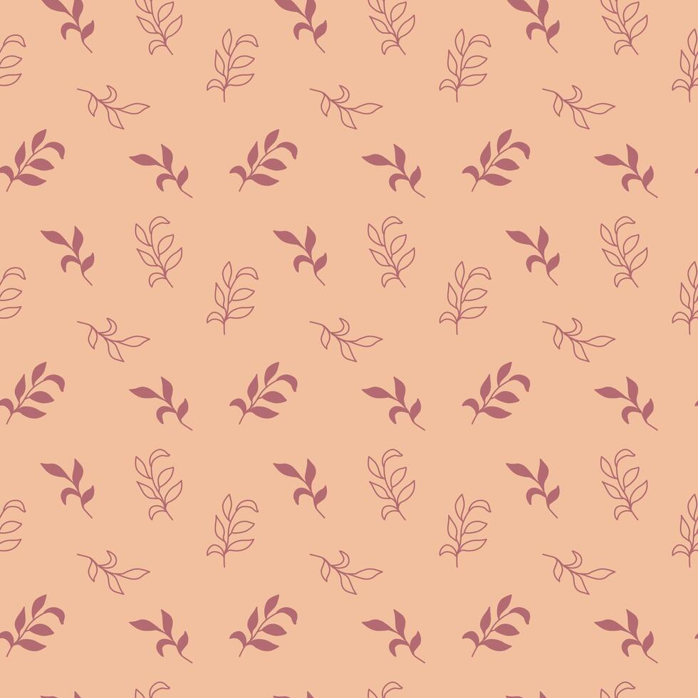 A seamless floral pattern featuring various delicate leaves in muted tones, set against a soft peach background. Ideal for use in textiles or digital designs, showcasing elegance. vector