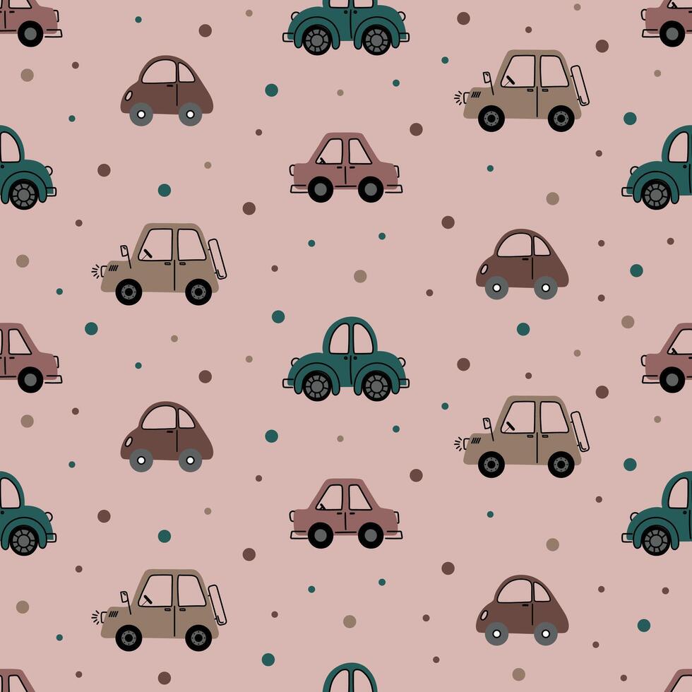 Seamless pattern for kids boys with cars in doodle style in pastel colors. Perfect for textiles, wrapping paper, bedding. vector
