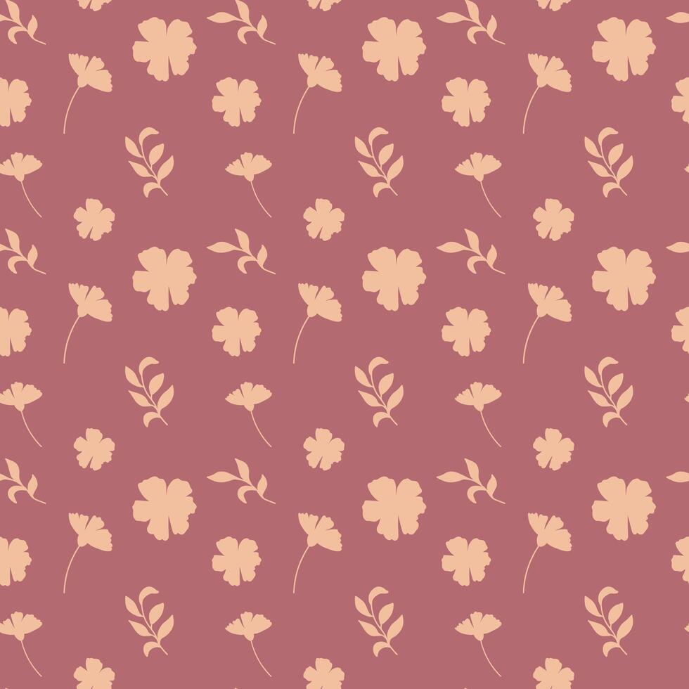 Seamless vintage pattern featuring beige flowers and botanical leaves on a muted mauve background with hand-drawn floral elements in a soft, natural style vector