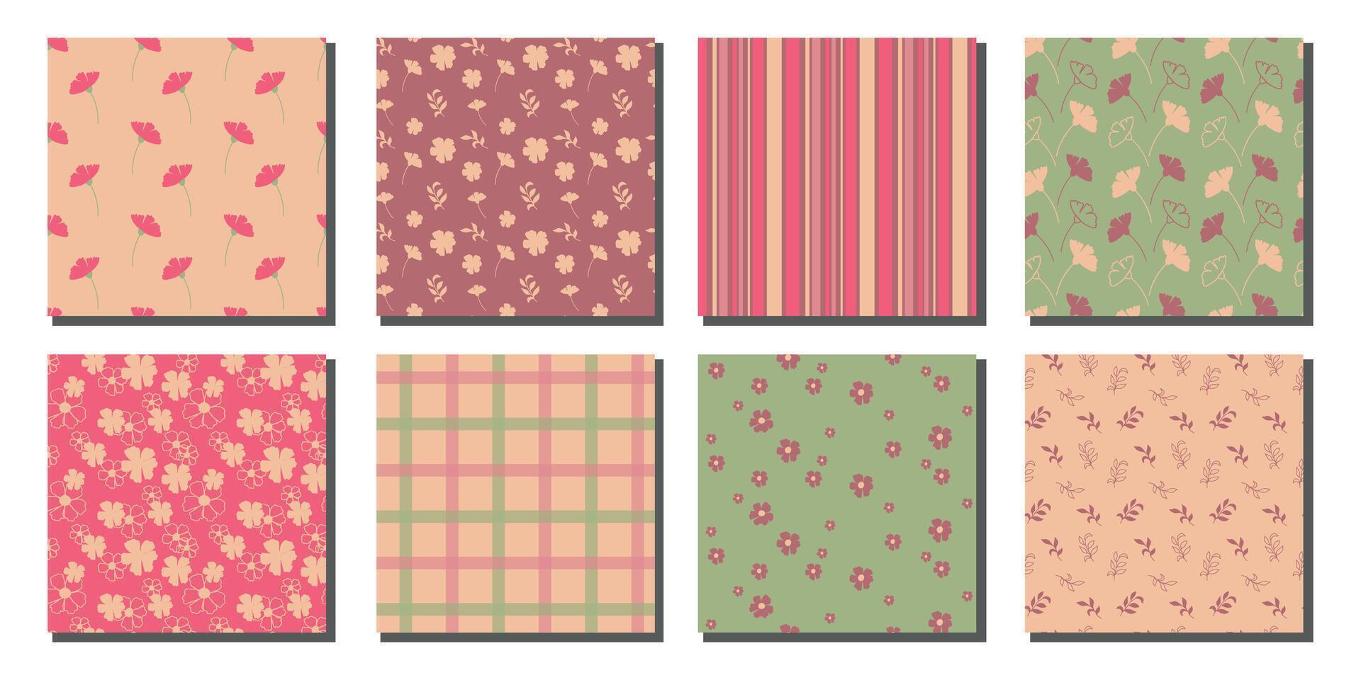 Soft Pastel Seamless Patterns with Flowers, Leaves, and Plaid. Collection of seamless patterns featuring retro floral prints, leaf motifs, plaid grids, and striped backgrounds in soft pastel tones vector